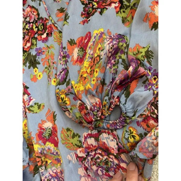 Hazel Blue Floral Blouse Women's Size‎ S Small Long Balloon Sleeve Ruffle Neck - Image 3