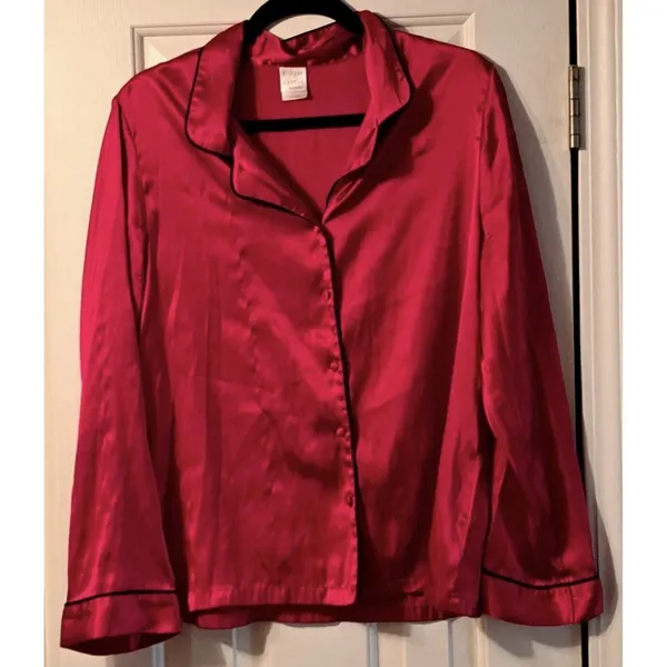 Gilligan & O'Malley Women Medium 2 Pc Sleepwear Set Red Satin Black Trim Pajamas - Image 2