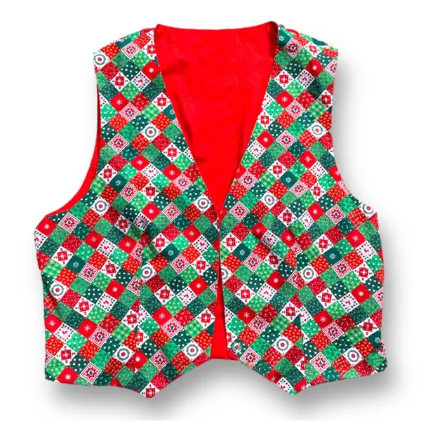 Vintage Christmas Patchwork Vest Handmade Red Green Quilt Holiday Cottagecore - Image 9