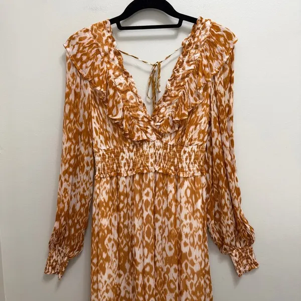 NWT Anthropologie Odetta Ruffled V Neck Maxi Dress Leopard Orange Size XS - Image 4
