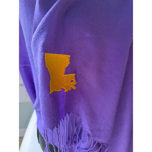 Olly Oxen Louisiana Scarf Purple Gold Embroidered State Fringe LSU Game Day - Image 5