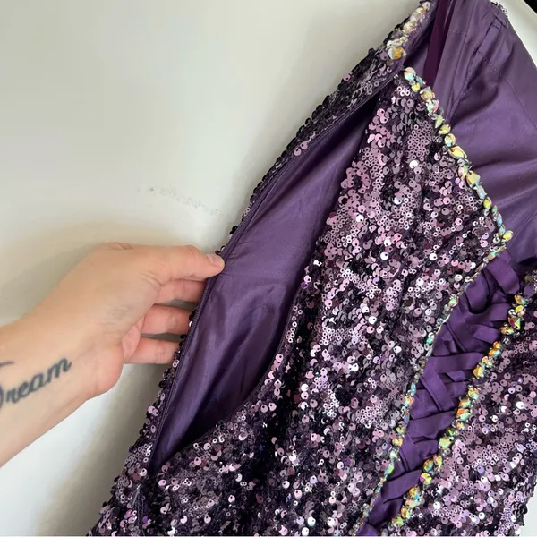 Cinderella Divine Purple‎ Strapless Sequin Beaded Corset Back Long Gown Dress 4 - Image 13