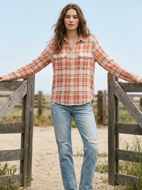 Golden TNA Plaid Gauzy Cotton Shirt Womens Small Western Country Rodeo Cowgirl - Image 15