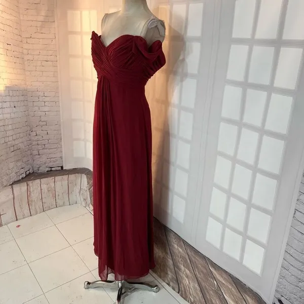 Dessy Collection 2844 Burgundy Off The Shoulder Chiffon Bridesmaid Dress Size 0 - Image 5