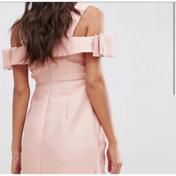 Maternity Blush Pink Off Shoulder Bardot Dress w/ Bow Detail on the Sleeve - Image 3