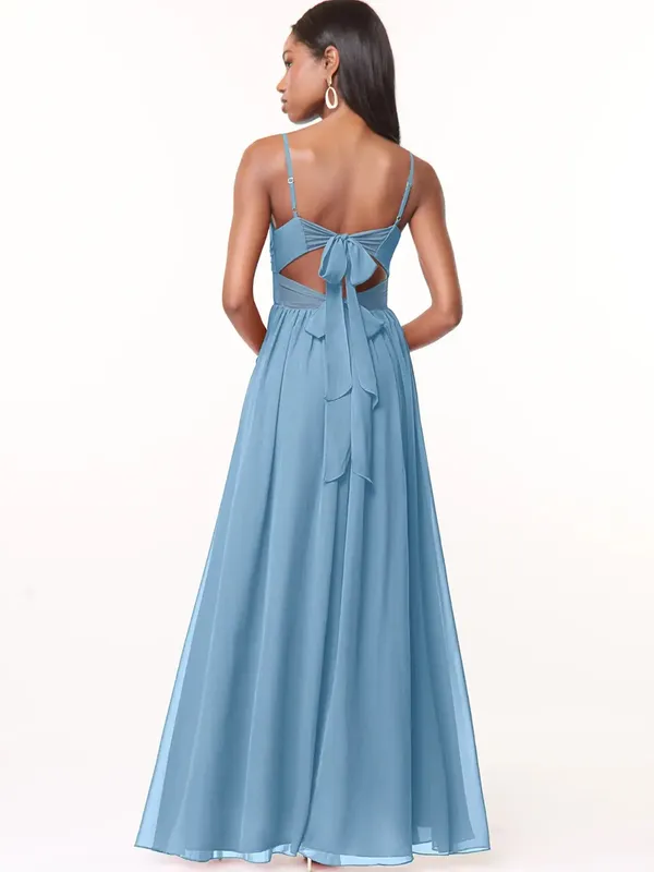 Azazie Zeya Steel Blue A-Line V-Neck Pleated Chiffon Dress Size 6 - Image 3