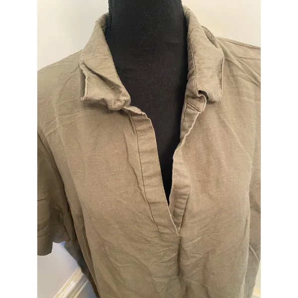 Avenue Linen Blend V-Neck Shift Tunic Dress Short Sleeve Olive Khaki Lagenlook - Image 3