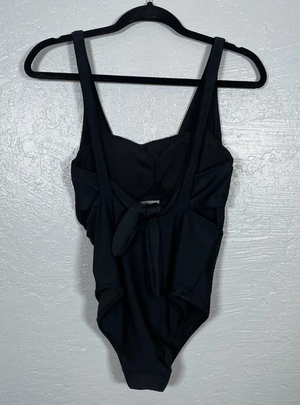 Aerie Women M Black Layered One Piece Swimsuit Bandeau Deep V-Neck Full Coverage - Image 5