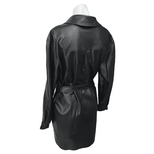 Vero Moda Women's Black Vegan Faux Leather Belted Button Up Trench Coat Jacket M - Image 2