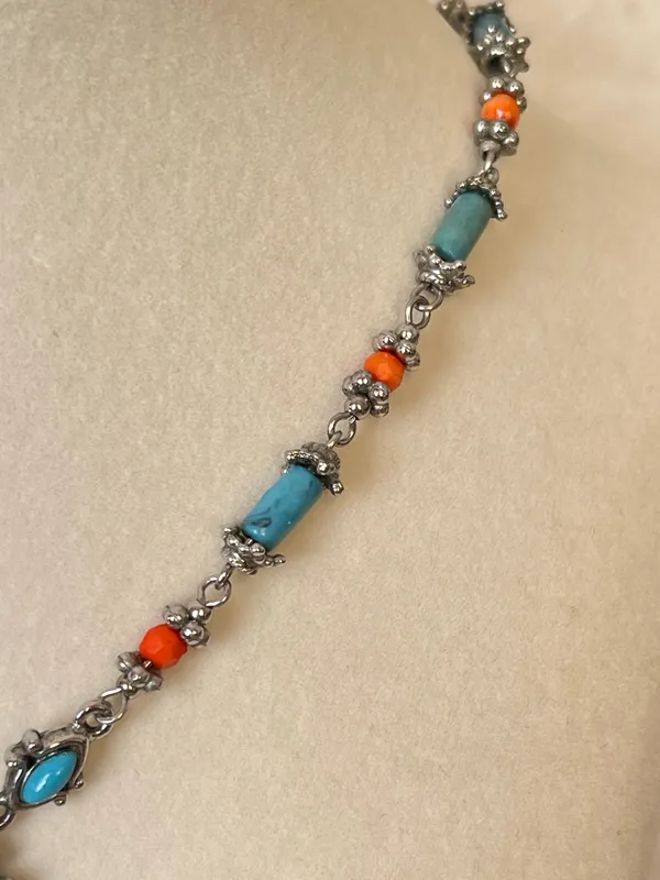 Southwestern Turquoise Coral Style Necklace Silver Tone Statement Pendant Boho - Image 3