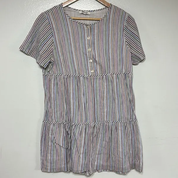 Madewell Striped Crewneck Button-Front Tiered Mini Dress Size M Spring Easter - Image 2