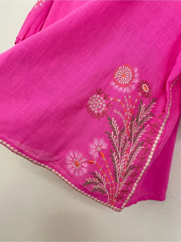 POL Bright Pink Embroidered Puff Short Sleeves Button-Front Blouse Size Large - Image 6