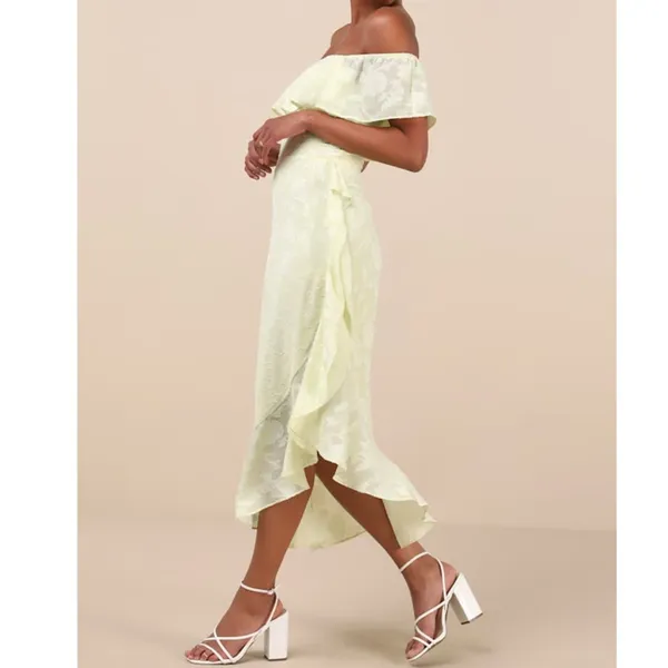 NEW Lulus Pretty Perfect Yellow Burnout Floral Off-the-Shoulder Midi Dress XXL - Image 2