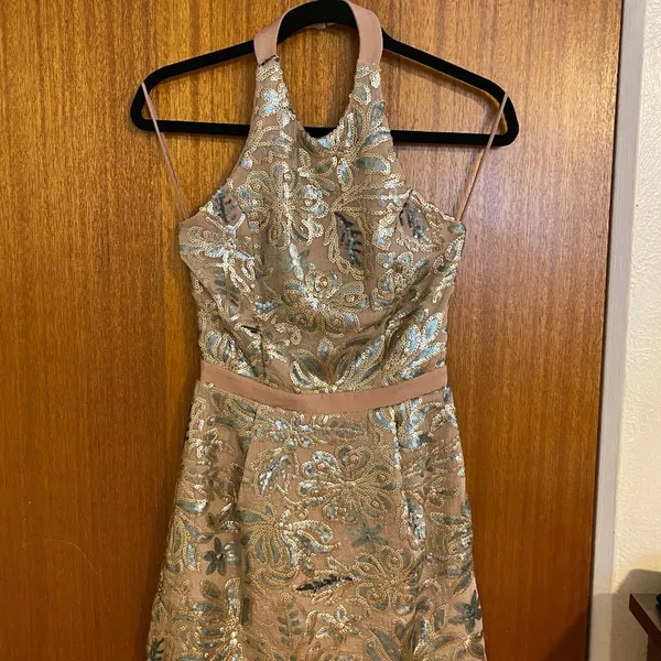 Dress the Population Beige Floral Abbie Halter Mini Dress - Small - Image 2