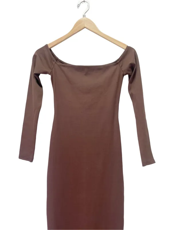 NWT Bumpsuit Sculpting Rib Off Shoulder Maternity Dress XS Brown Bodycon Midi - Image 9