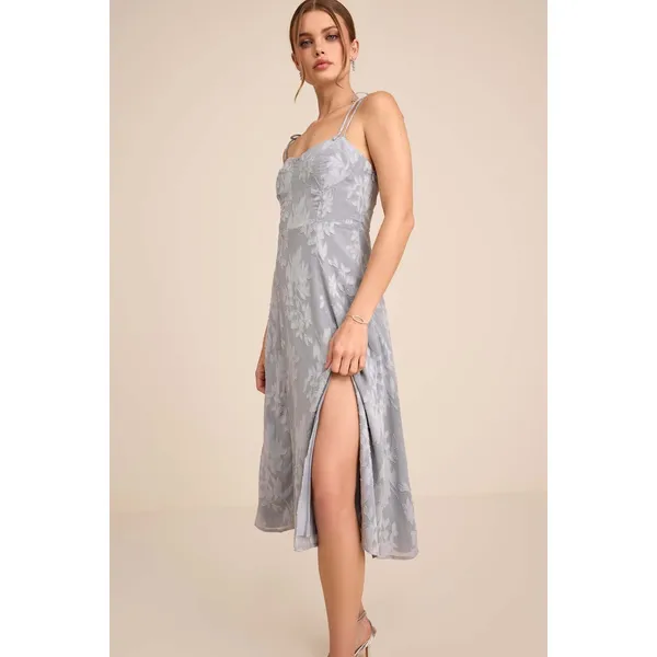 NWT Lulus Loveliest Looks Dusty Blue Floral Jacquard Tie-Strap Midi Dress Sz M - Image 3