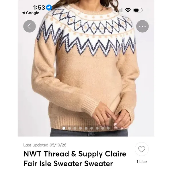 Thread & Supply Womens Fair Isle Claire Knit Sweater Oat Brown Small NWT - Image 2