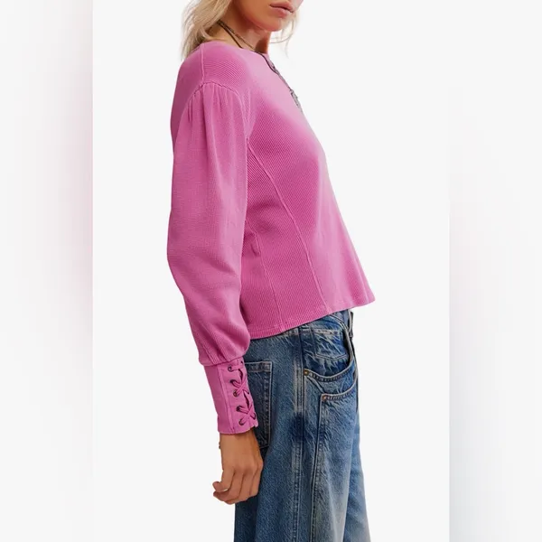 Free people we the free lapis lace up cuff cotton thermal top NWT XL plumdrop - Image 3