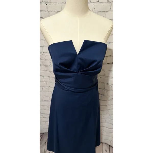 Donna Ricco Dark Navy Blue Strapless Satin Dress Gown V-notch Belted Size 8 - Image 4
