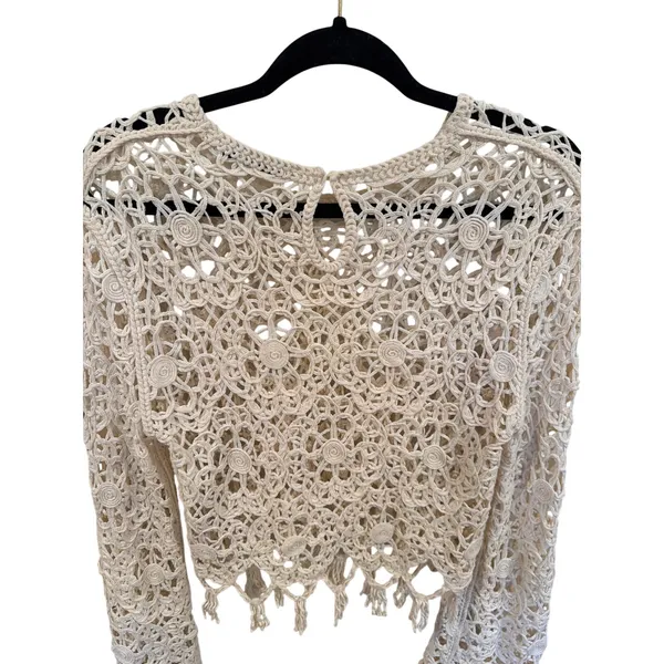 Zara Cream Crochet Open Knit Sweater Top Floral Fringe Boho Long Sleeve - Image 6