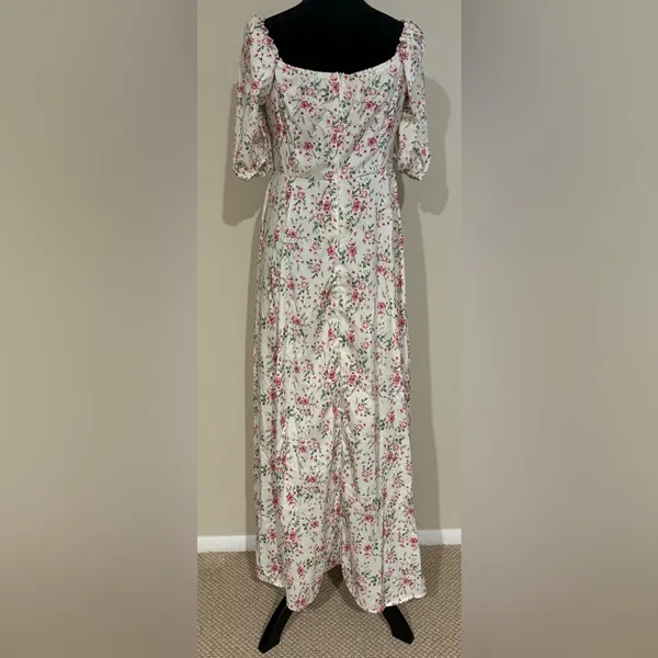 EUC Women's White and Pink Bohemian Floral Print Puff Sleeve Dress Size Medium - Image 5