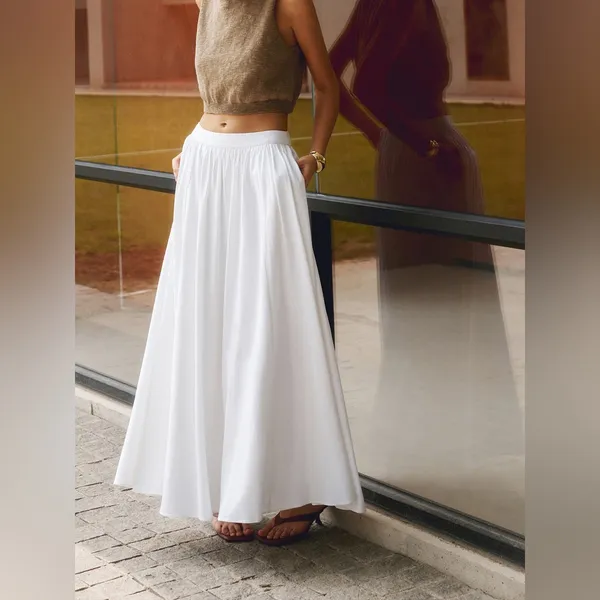 Commence Cotton Pleated Maxi Skirt Size Medium White NWT Pockets Lined zipper - Image 2