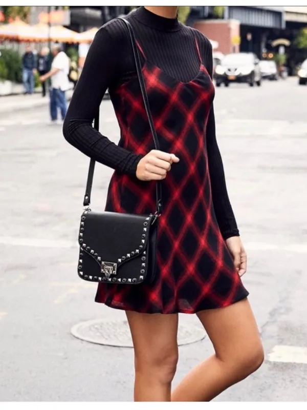 Lulus Red and Black Plaid Rayon Slip Dress size medium - Image 4