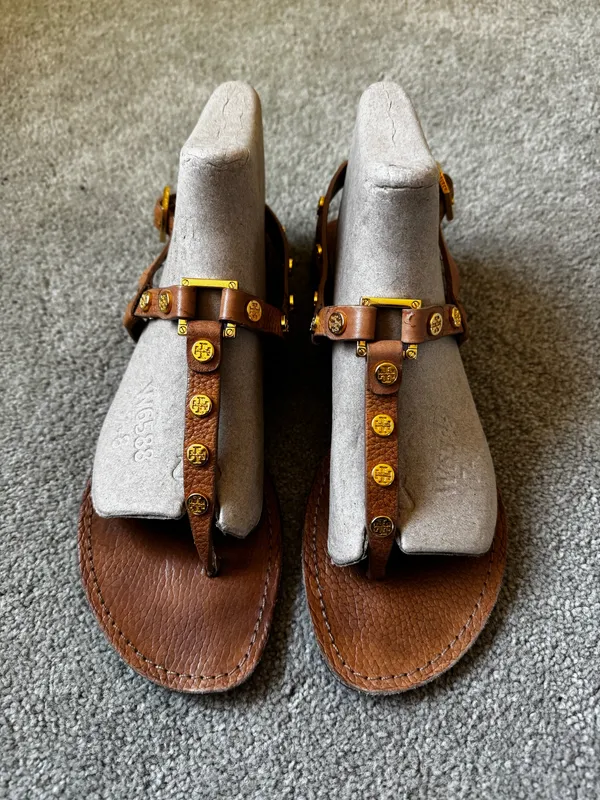 Tan Tory Burch Sandals with Gold Logos - Image 2