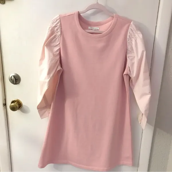 Free Assembly Pink Smocked Sleeve Mini Shift Dress L Casual Classic Preppy - Image 2