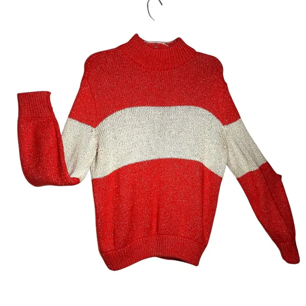 Aerie Sweater Wome's Small Coral White Striped Mock Neck Chunky Knit Pullover - Image 2