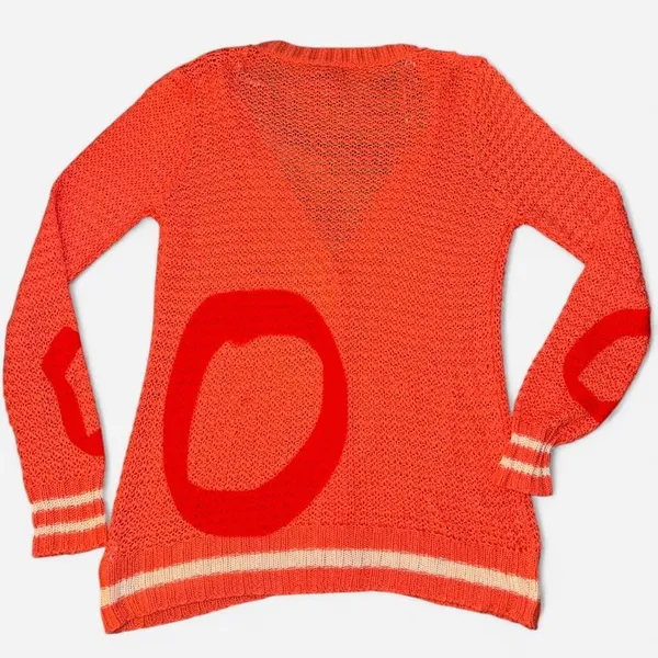 Forever 21 Bright Coral Knit Cardigan with Cream Varsity Stripes, Medium - Image 4