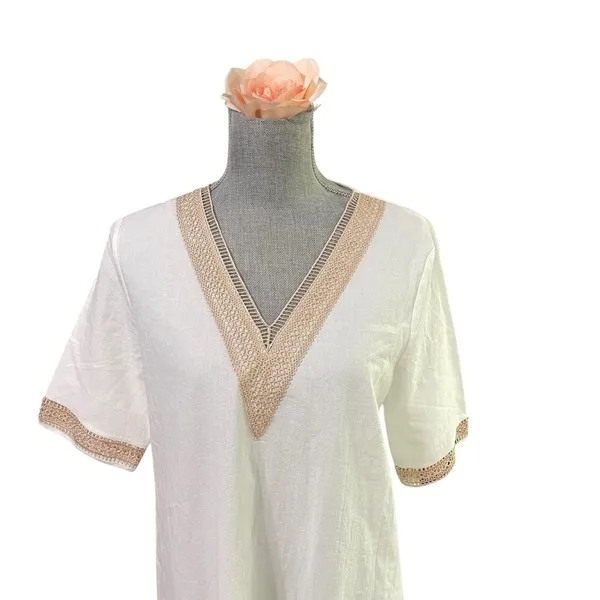 Noracora Women Size S Cotton Shift Dress Mid Sleeve Cream Embroidered Lace Neck - Image 6