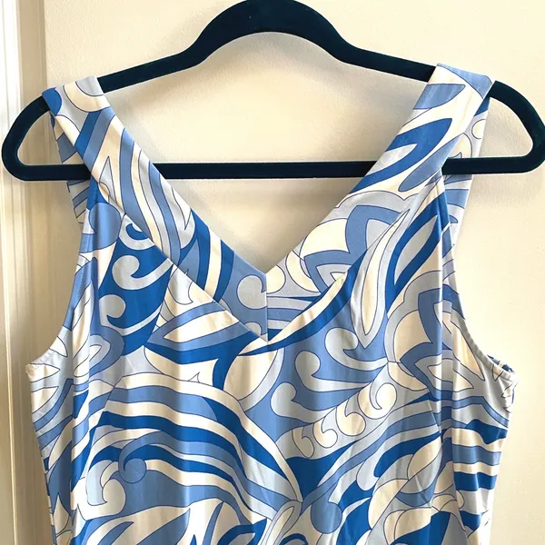 J.McLaughlin Sheath Dress Womens L Blue‎ White Abstract Swirl Preppy V-Neck Mini - Image 3