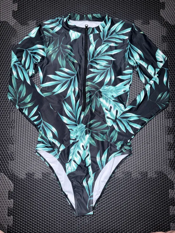 SHEIN Black One-Piece Rash Guard Swimsuit with Green Tropical Leaf Print - Image 4