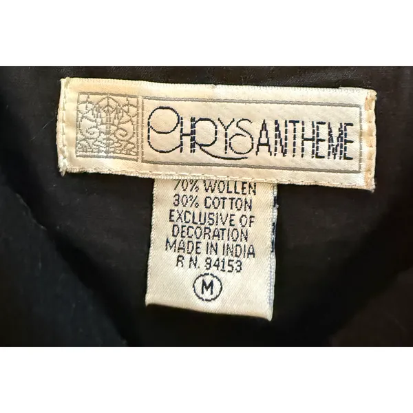 Vintage Chrysantheme Vest Womens Size M Wool Cotton Black Autumn Folk Art Zip Up - Image 3