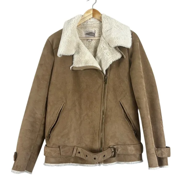 Forever 21 Womens Faux Suede Aviator Jacket Brown Belted Moto Vegan Biker Size M - Image 2