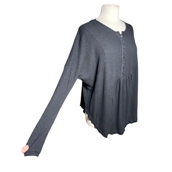 FREE PEOPLE Women’s Boho Leo Henley Black Long Sleeve Knit Top - Image 5