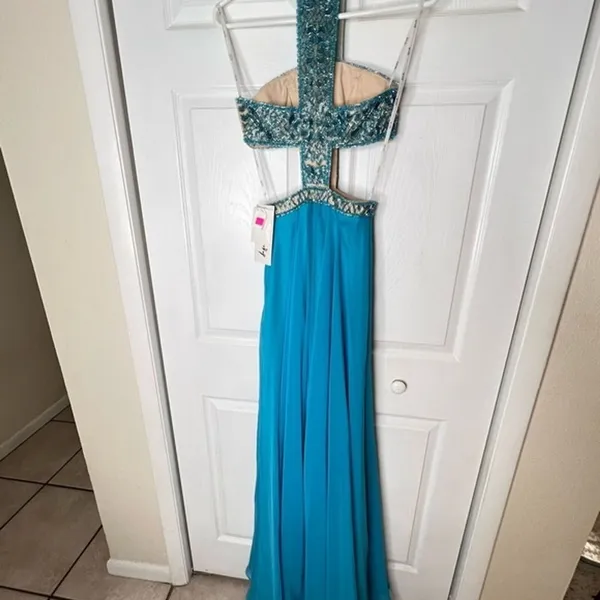 Angela‎ & Alison teal blue beaded prom wedding ball evening gown size 0 Pageant - Image 4