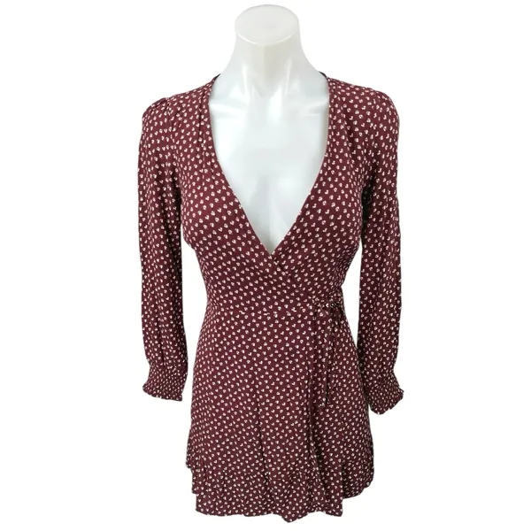 Abercrombie & Fitch Red Floral Plunge V-Neck Long Sleeve Mini Wrap Dress XXS - Image 2