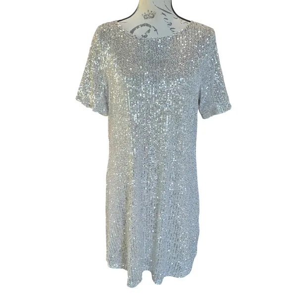 7 For All Mankind‎ 5Y Womens Silver Sequin Shift Mini Dress Short Sleeve Medium - Image 2