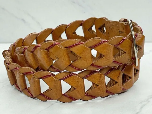 Brown Woven Leather Belt Red Laced Accents Silver Buckle Small/Medium (S/M) ✨ - Image 2