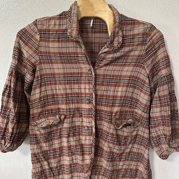 Free‎ People Victorian Plaid Jacket Size Medium Red Brown Oversized - Image 2