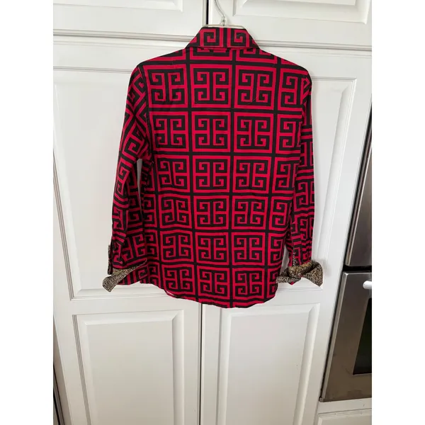 Tizzie‎ Red Black Greek Key Button Down Shirt Leopard Trim Small - Image 6