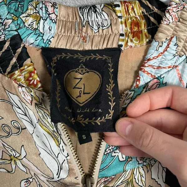 Z&L Europe‎ Patchwork Floral Bomber Jacket Boho Statement Golf Size Small Gold - Image 4