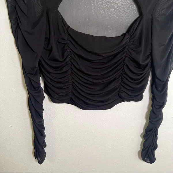 Women's Ruched Cut Out Top Blouse Long Sleeve Black Cropped Sheer Mesh - Image 3