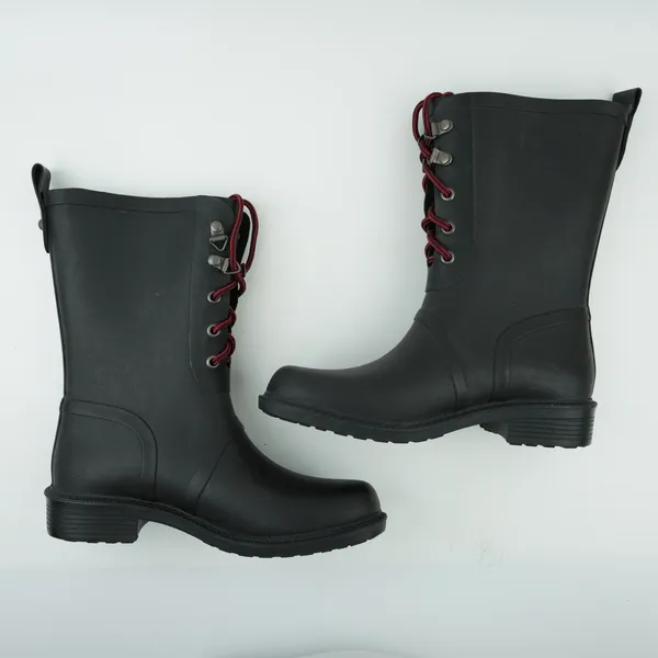 Merona Rain Boots Womens 6 Black Rubber Waterproof Lace Up Red‎ Laces Utility - Image 4