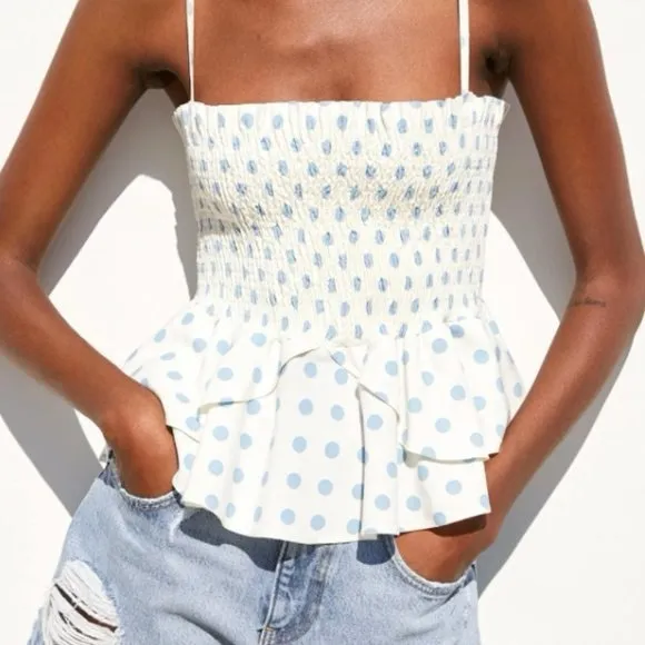 Zara polka dots linen cotton smocked top ruffle strapless stretchy tube - Image 9