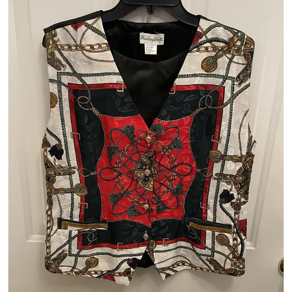 Vintage Equestrian Print Vest Academia Preppy Derby Heritage‎ Gold Button Womens - Image 2