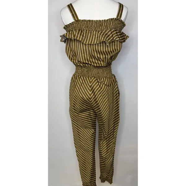 RW&A Rwanda Clothing Women Olive Striped Cold Shoulder Smocked Waist Jumpsuit - Image 7