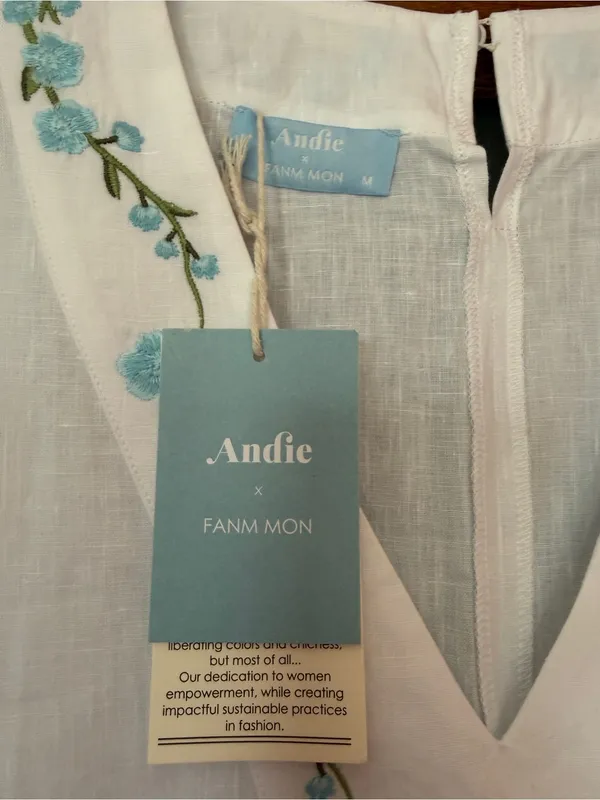 Andie x Fanm Mon Kepez Maxi LINEN Kaftan Dress Blue Floral Embroidery NWT MED - Image 2